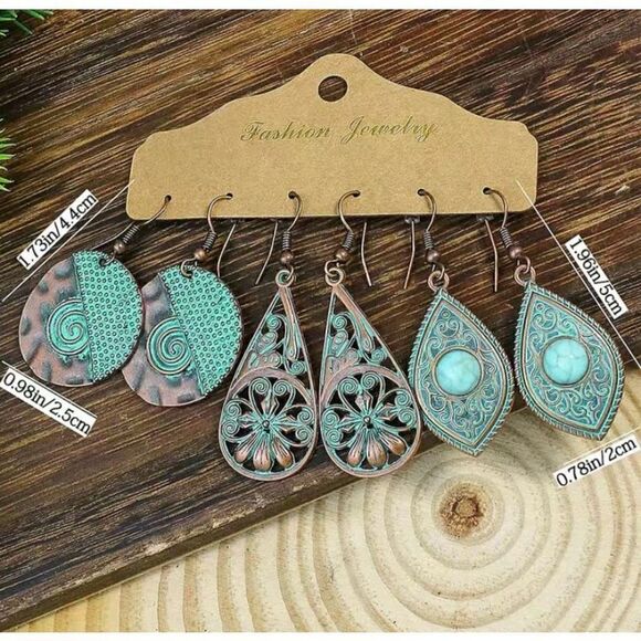 NWT Fashion Jewelry 3 Pairs Of Geometrical
Turquoise Dangling Copper Earrings - Picture 2 of 2